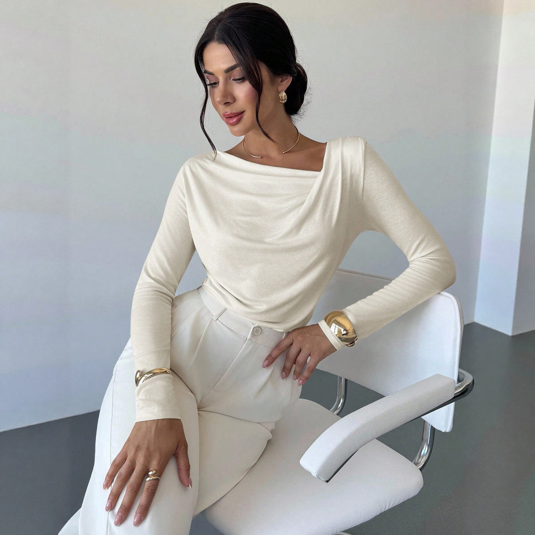 Damen elegantes drapiertes Langarm-Top mit Wasserfallkragen und taillierter Silhouette – Avérine
