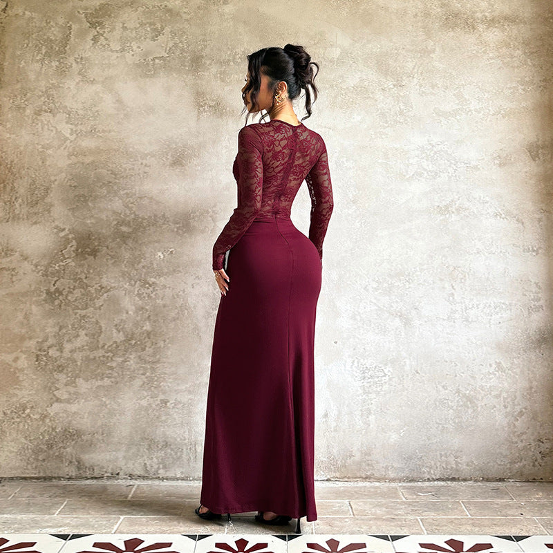 Damen elegantes Langarmkleid mit Spitzenoberteil und figurbetontem Schnitt Echo Archiv
