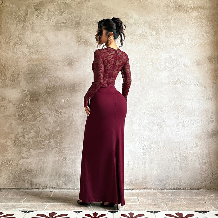 Damen elegantes Langarmkleid mit Spitzenoberteil und figurbetontem Schnitt Echo Archiv