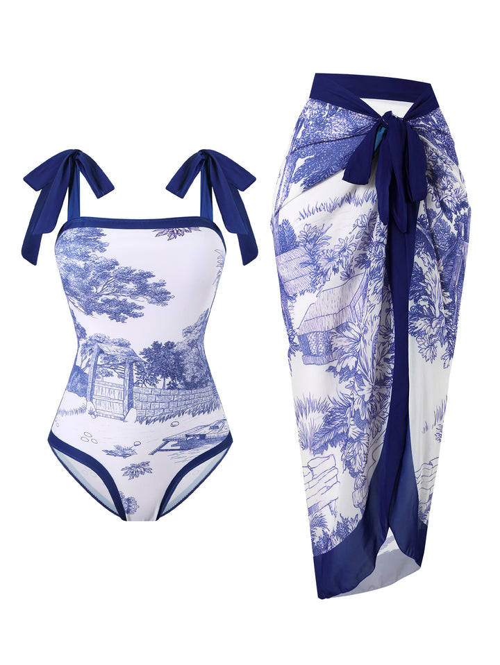 Damen Badeanzug mit floralem Design und transparentem Wickelrock Echo Archiv