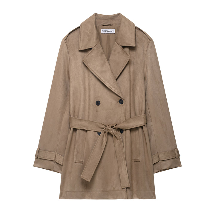 Damen Trenchcoat in Veloursleder-Optik doppeltreihig mit Taillengürtel Echoarchiv