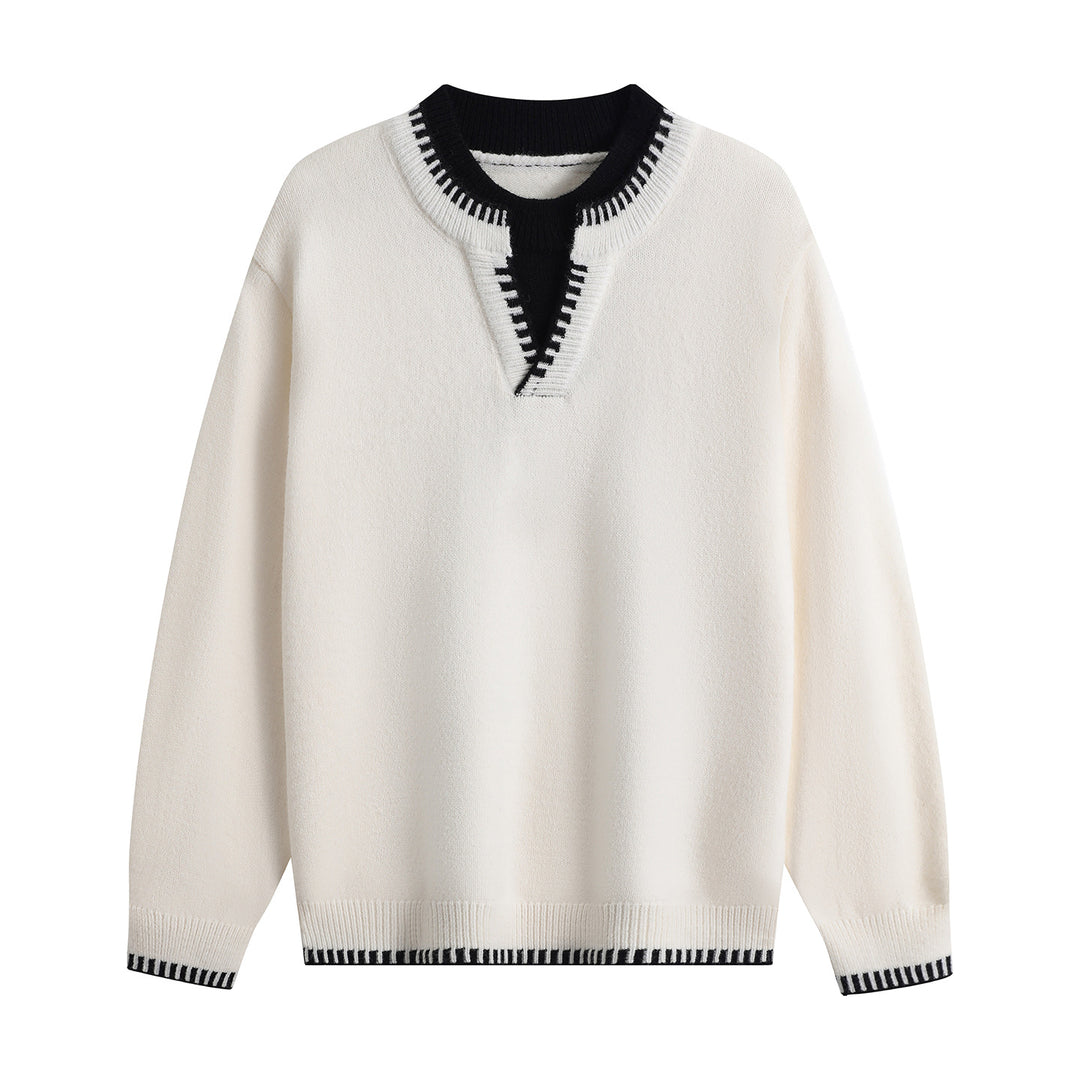 Unisex Oversize-Feinstrickpullover mit V-Notch & kontrastiertem Rippenkragen Echoarchiv