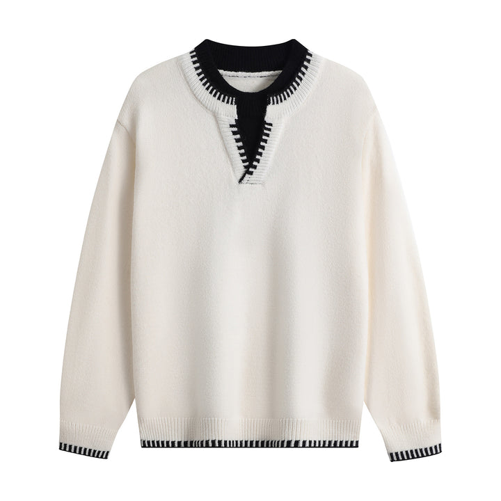 Unisex Oversize-Feinstrickpullover mit V-Notch & kontrastiertem Rippenkragen Echoarchiv