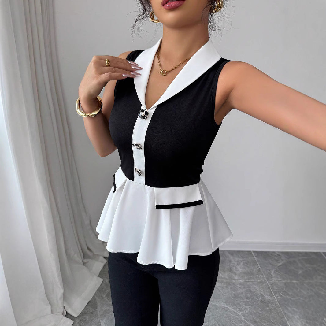 Damen Elegantes Peplum-Oberteil mit Kragen und Knopfdetaillierung Echo Archiv