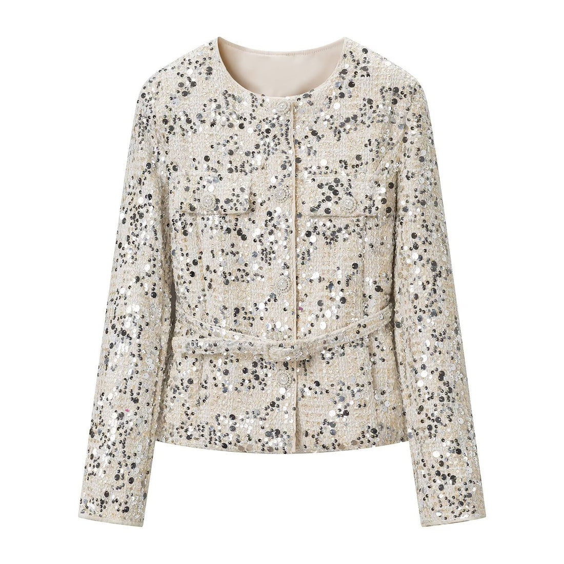 Damen Kurzjacke aus Bouclé mit Paillettenbesatz, Zierperlenknöpfen und Taillengürtel Echoarchiv
