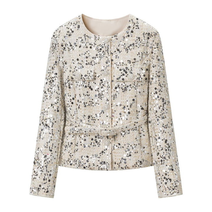 Damen Kurzjacke aus Bouclé mit Paillettenbesatz, Zierperlenknöpfen und Taillengürtel Echoarchiv