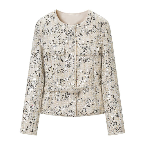 Damen Kurzjacke aus Bouclé mit Paillettenbesatz, Zierperlenknöpfen und Taillengürtel Echoarchiv