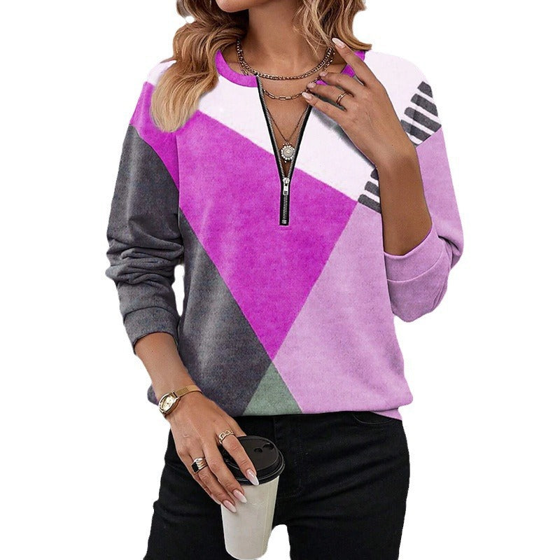 Damen Freizeitsweatshirt mit Halbzipp und geometrischem Farbkombinationsmuster Echoarchiv