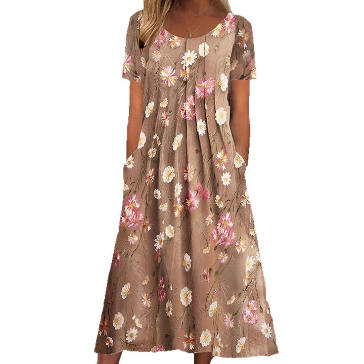 Damen nan Blumenswing-Midikleid mit Rundhalsausschnitt, Eingrifftaschen und strukturierter Crêpe-Qualität Echo Archiv