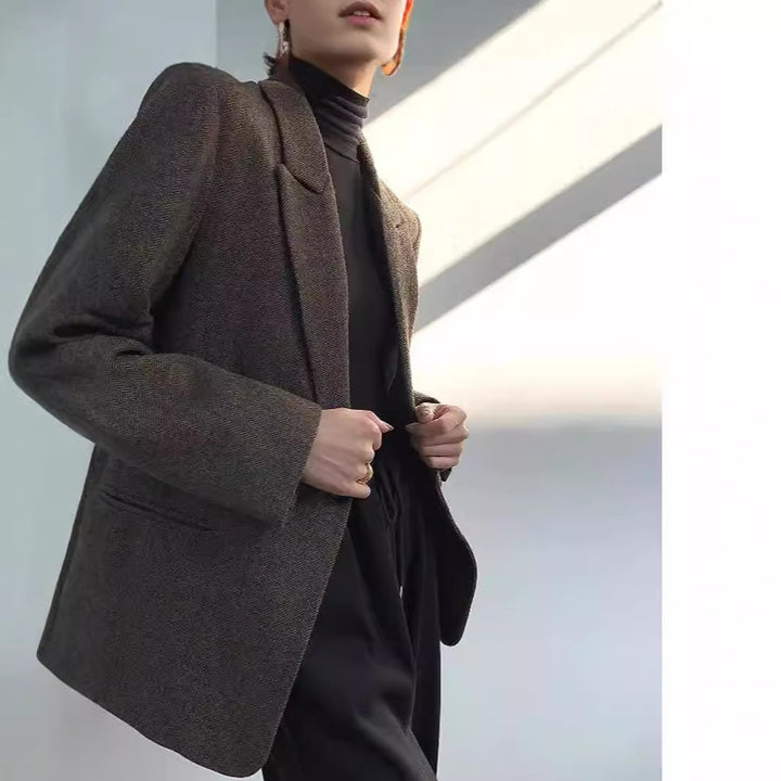 Damen Klassischer Woll-Tweed-Blazer mit schmalem Revers, Teilgefüttert und Ein-Knopf Echo Archiv