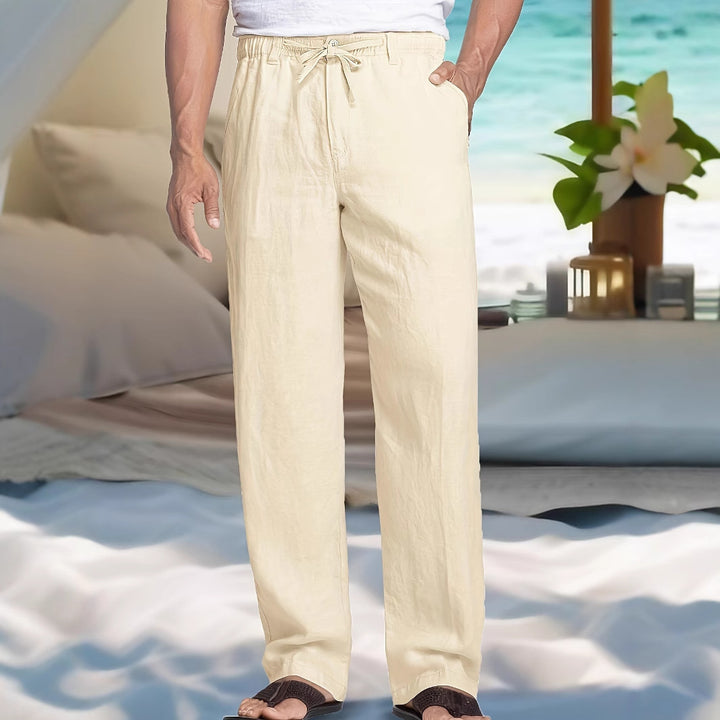 Herren Leichte Leinen-Baumwoll-Hose mit elastischem Bund, Kordelzug und geradem Bein Echoarchiv