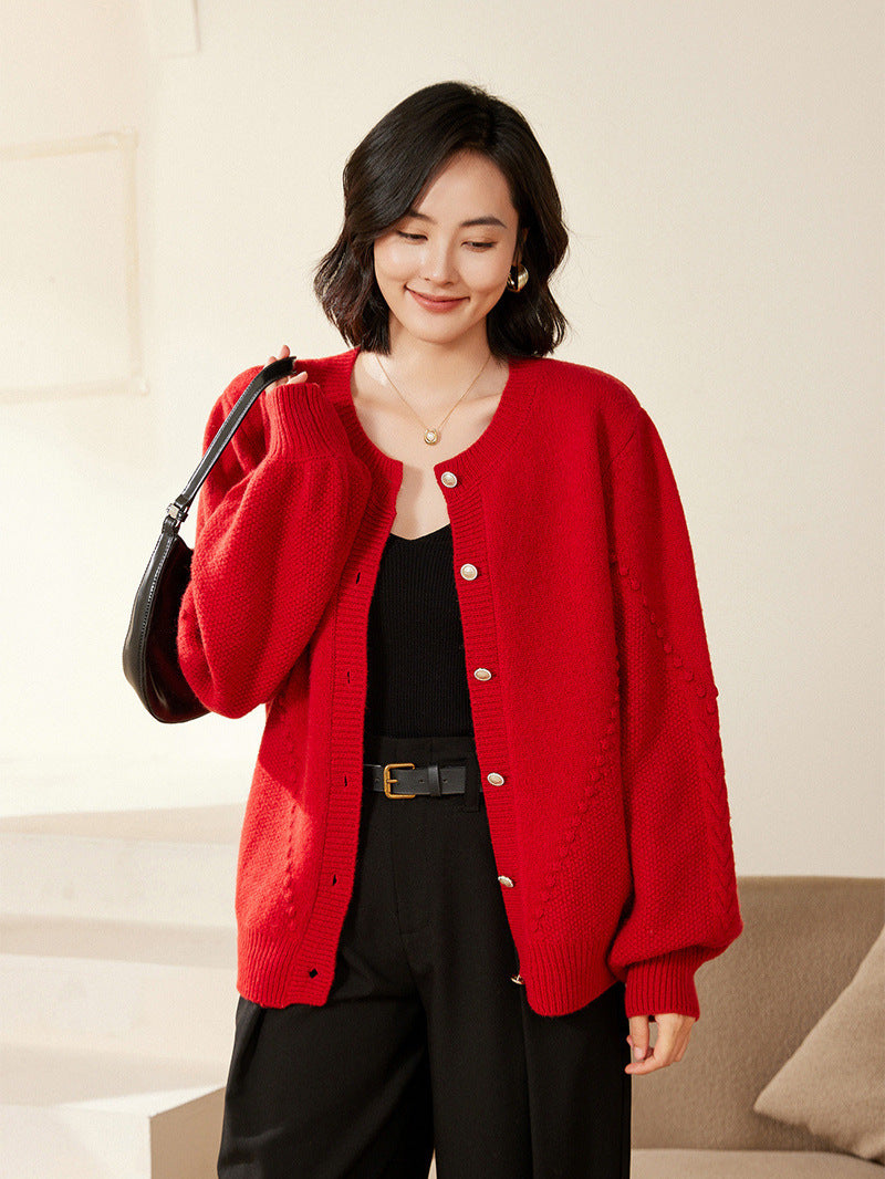 Damen Strickcardigan mit Strukturmuster, Ballonärmeln und Perlmuttknopfleiste Echoarchiv