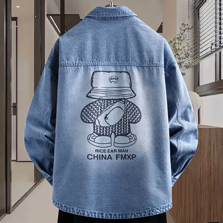 Herren Oversized Denim-Hemdjacke im Relaxed-Worker-Style mit Brusttasche und Druckknöpfen Echoarchiv