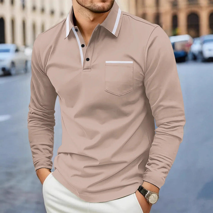 Herren modisches Langarm-Polohemd mit kontrastierendem Kragen Echoarchiv
