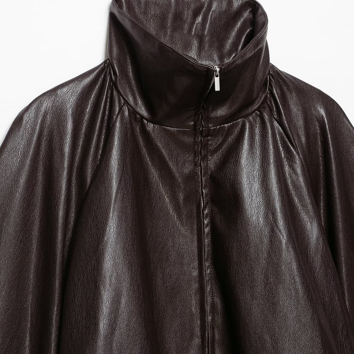 Damen Oversize Jacke im Lederlook mit hohem Funnelkragen, Raglanärmeln und Tunnelzugsaum Echoarchiv