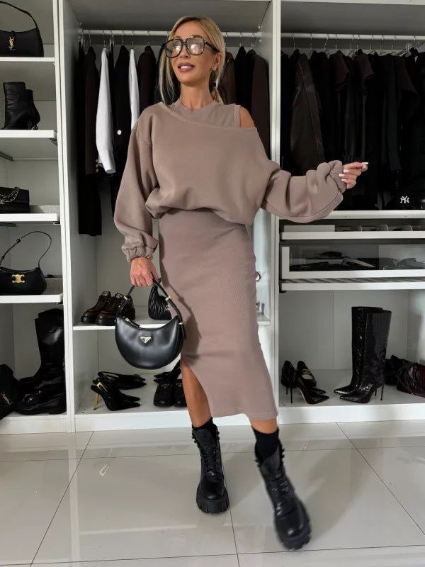 Damen Bequemes Sweatset mit Ein-Schulter-Ausschnitt und Taillierter Midi-Rock Echoarchiv