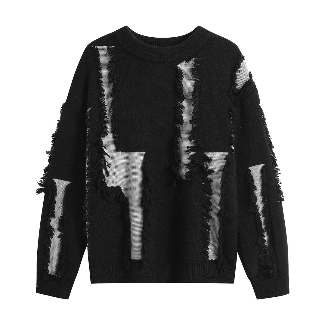 Damen Oversize Strickpullover mit Fransenapplikationen und Destroy-Look Echoarchiv