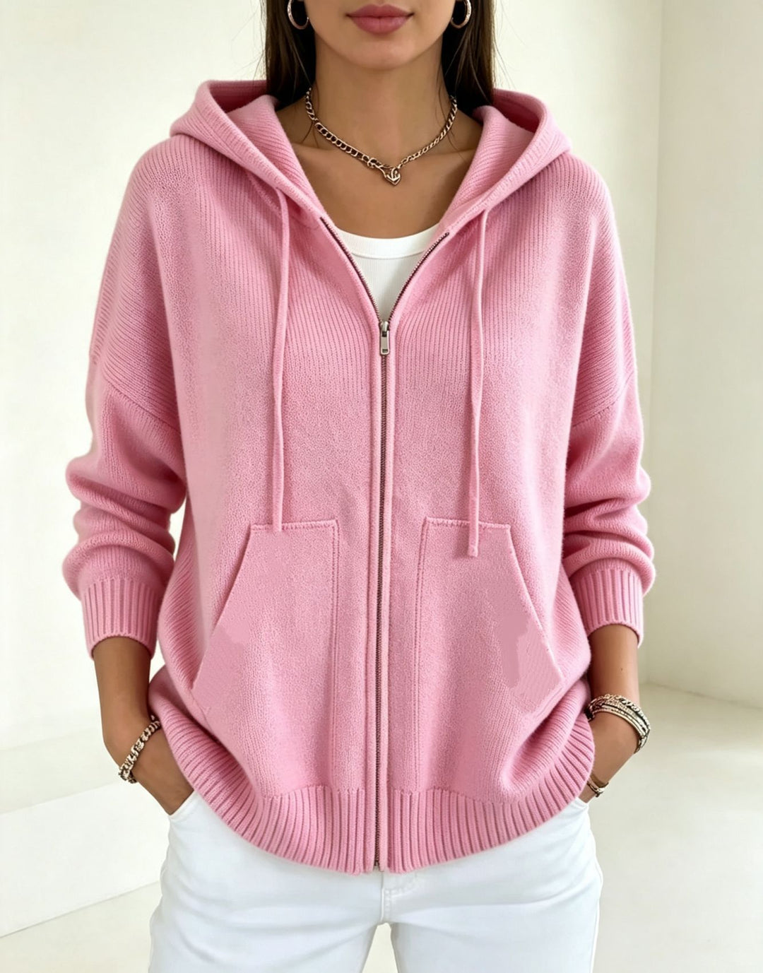 Damen Kapuzen-Wollmix Zip-Cardigan mit kastiger Passform und Kängurutaschen – Auréline