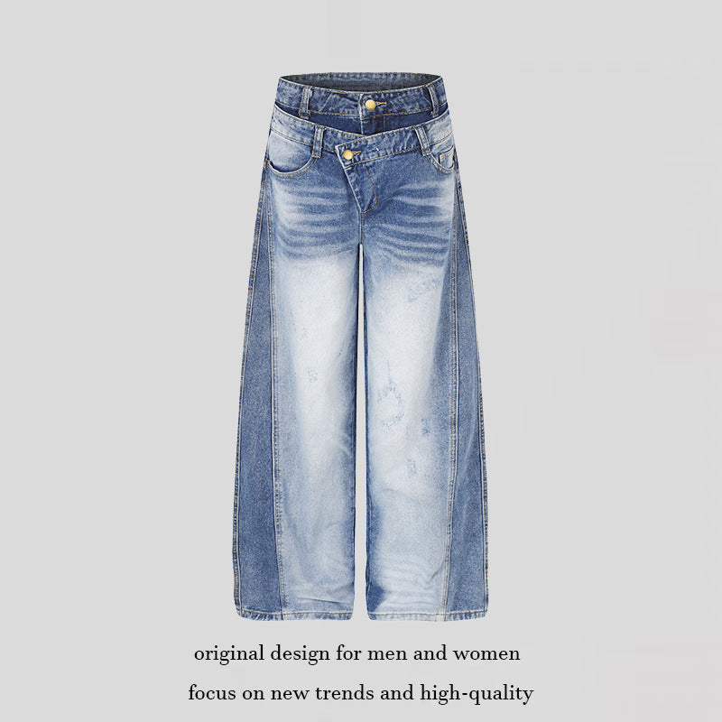 Damen Jeanshose mit weitem Culotte‑Schnitt, asymmetrischem Doppelbund und Kontrast-Seitenbahnen Echoarchiv