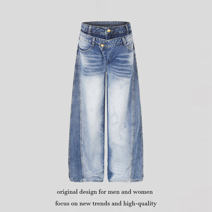 Damen Jeanshose mit weitem Culotte‑Schnitt, asymmetrischem Doppelbund und Kontrast-Seitenbahnen Echoarchiv