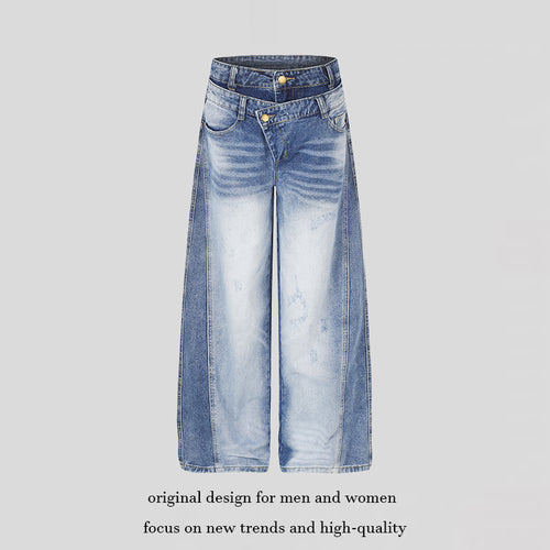 Damen Jeanshose mit weitem Culotte‑Schnitt, asymmetrischem Doppelbund und Kontrast-Seitenbahnen Echoarchiv