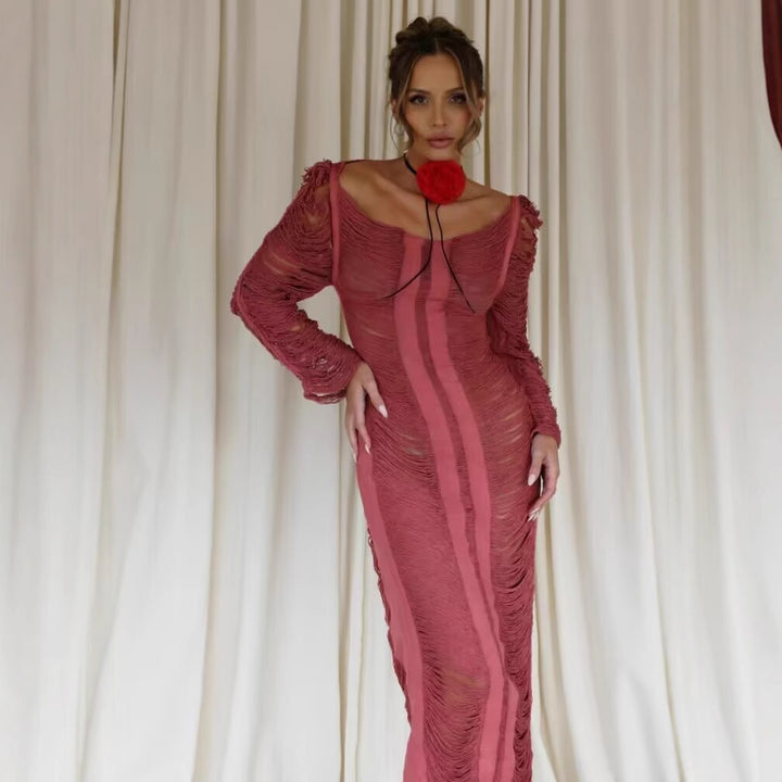 Damen elegantes Strandkleid mit raffinierten Fransen und transparenten Elementen Echo Archiv