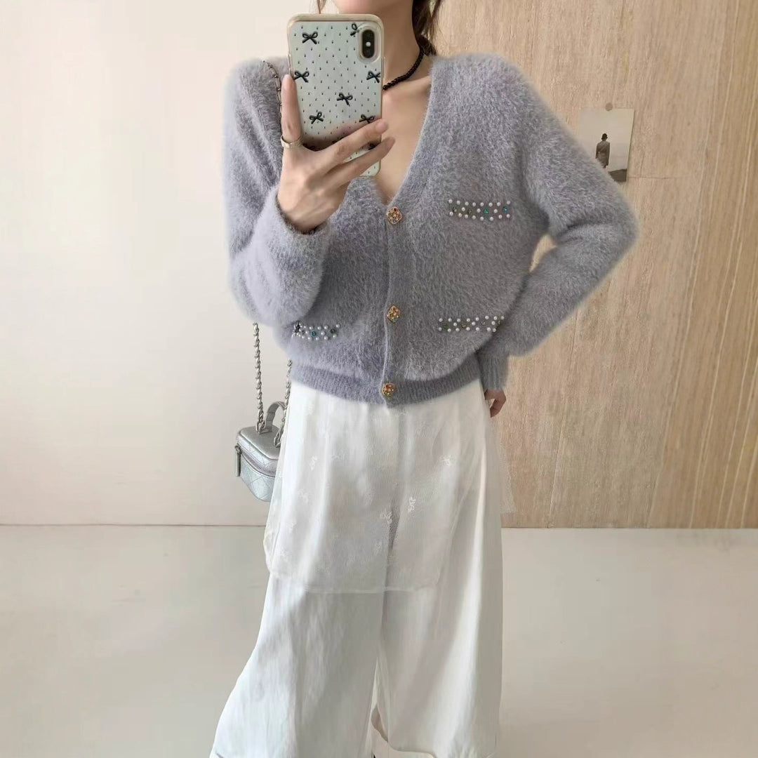 Damen Verspielter V-Ausschnitt Cardigan mit Perlen Echo Archiv