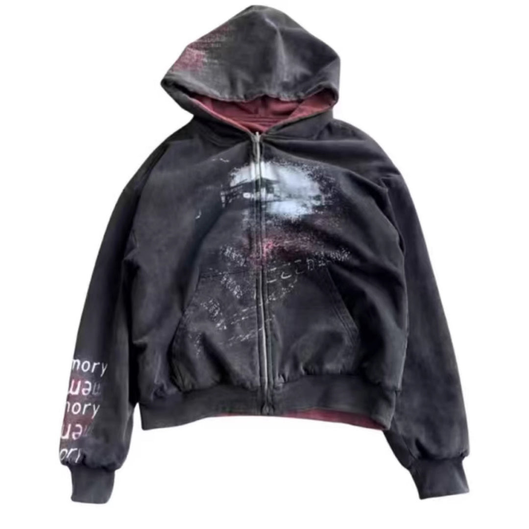 Unisex nan Kapuzenjacke mit durchgehendem Reißverschluss, Used‑Effekt, doppellagiger Kapuze und Ärmeldruck Echo Archiv