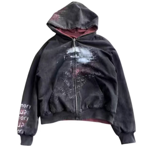 Unisex nan Kapuzenjacke mit durchgehendem Reißverschluss, Used‑Effekt, doppellagiger Kapuze und Ärmeldruck Echo Archiv