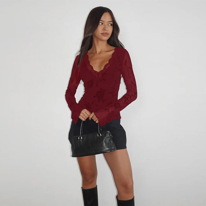 Damen Tailliertes Langarmshirt mit V‑Ausschnitt und Spitzenbesatz – Avérine