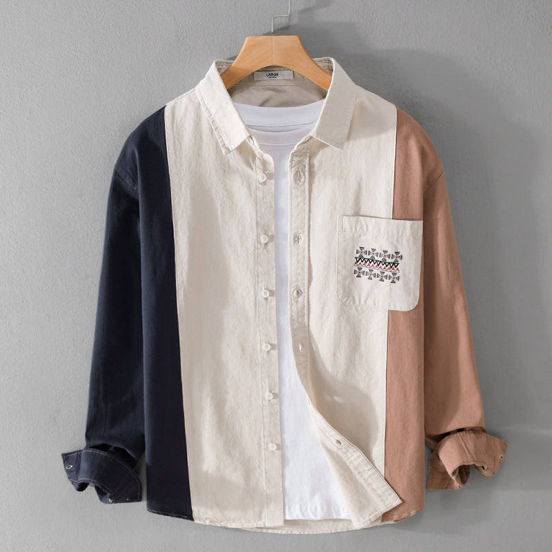 Herren Colorblock-Hemdjacke im Relaxed-Fit mit Brusttasche und Ethno-Stickerei Echoarchiv