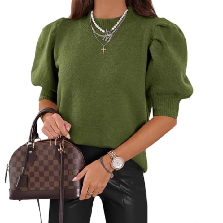 Damen Kurzgeschnitteter Feinstrickpullover mit Puffärmeln und Rippbündchen – Mavelle