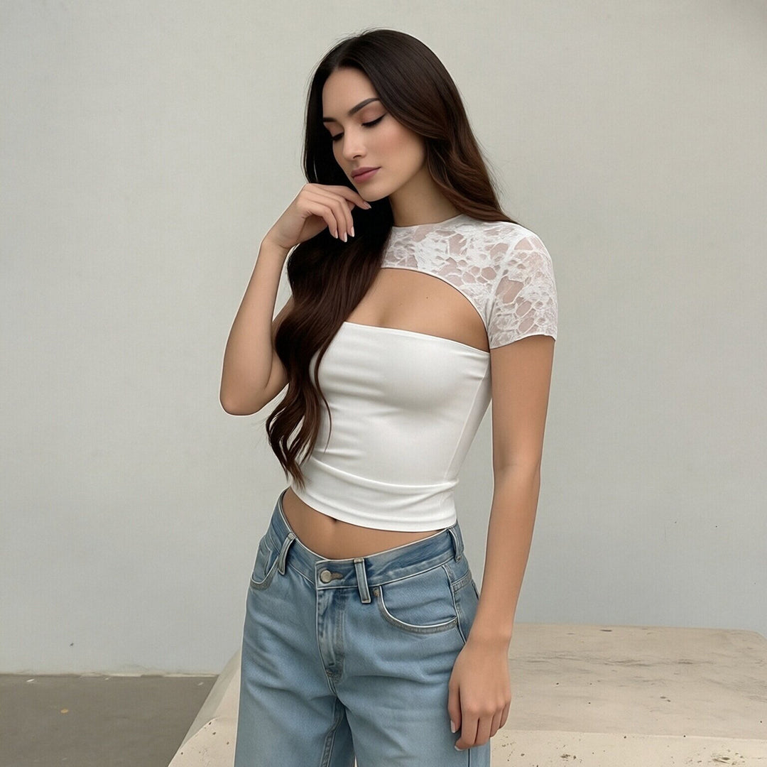 Damen Crop-Top mit Spitzenärmel und figurbetontem Schnitt Echo Archiv