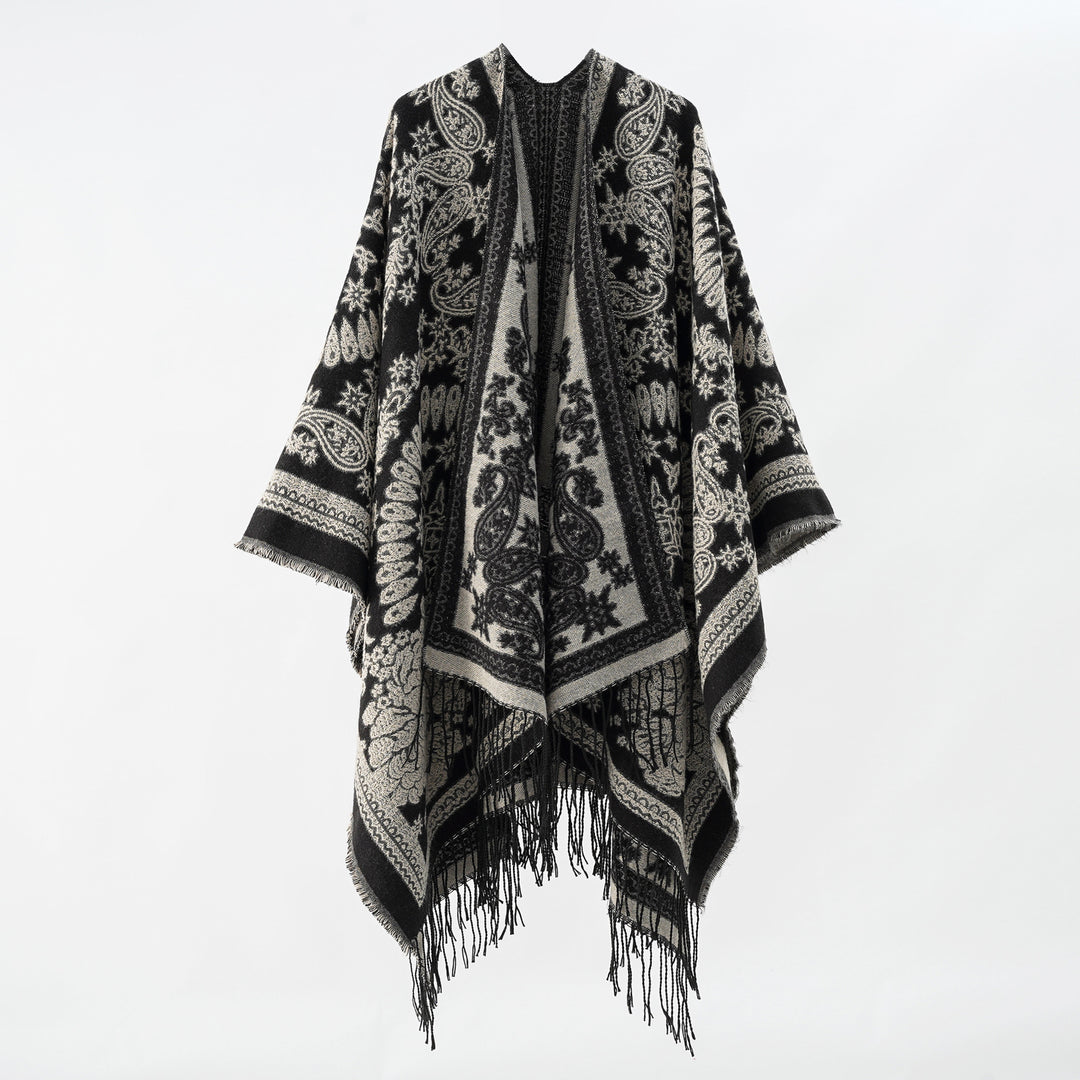 Damen Jacquard-Umhangponcho aus Wollmix mit beidseitigem Paisley-Jacquard und Fransen – Célinea