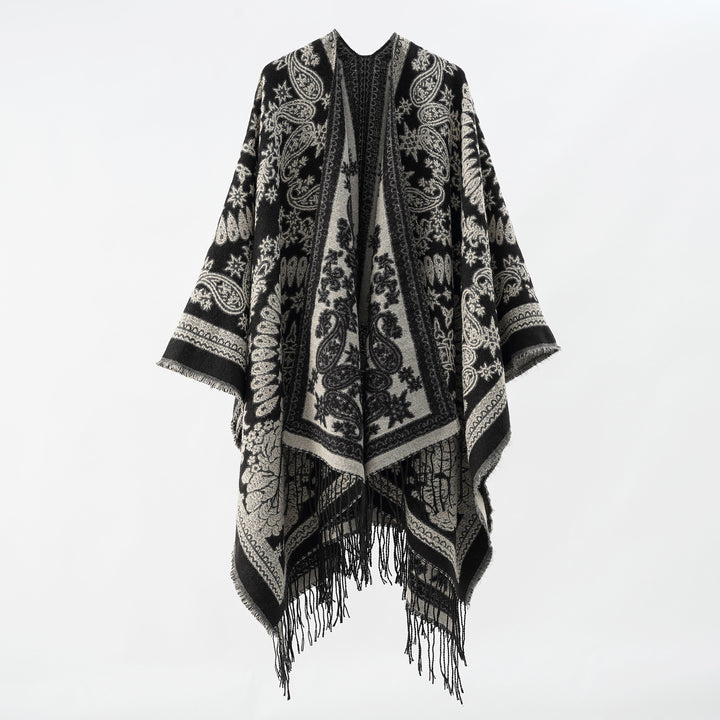 Damen Jacquard-Umhangponcho aus Wollmix mit beidseitigem Paisley-Jacquard und Fransen – Célinea