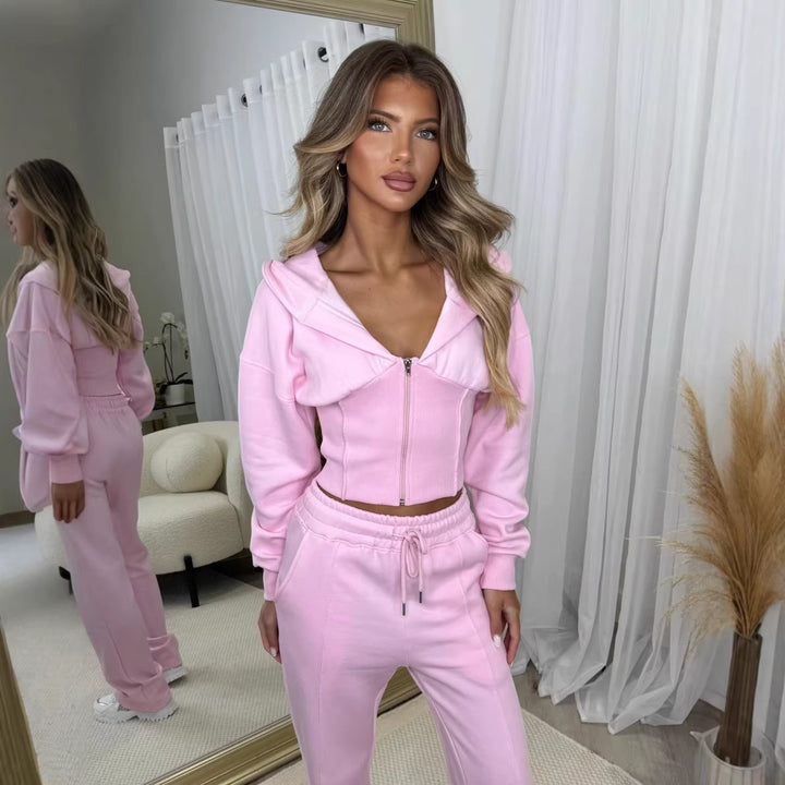 Damen Zweiteiler aus Sweat mit Cropped Kapuzenjacke und High-Waist Jogginghose – Élanora