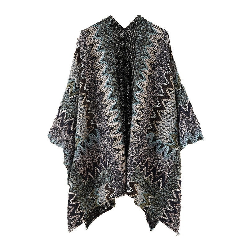 Damen Grobgestrickter Ethno-Ruana-Poncho mit Zickzack‑Jacquard und offenem Fall Echo Archiv