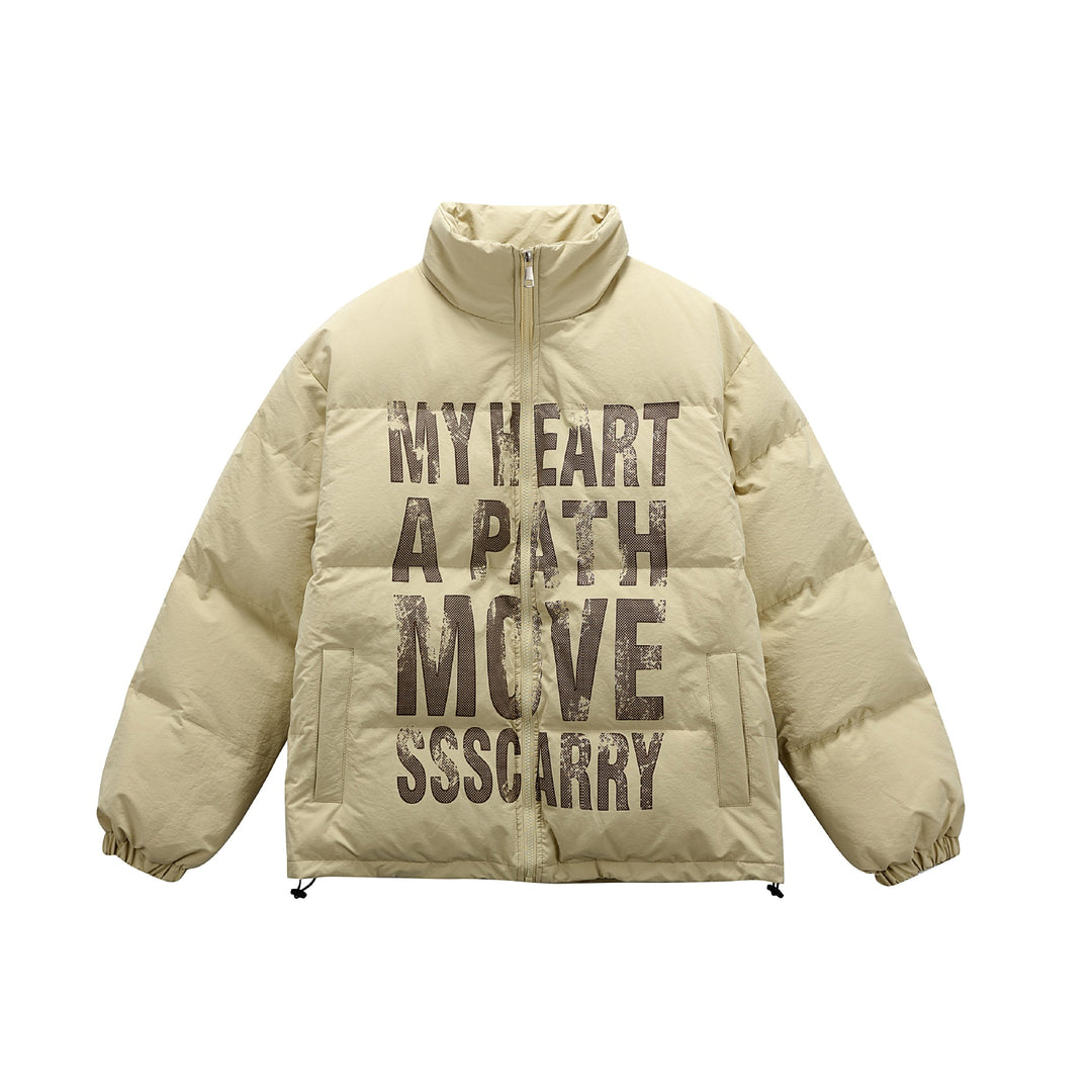 Unisex Oversize Steppjacke mit hohem Stehkragen und Statement-Print Echoarchiv