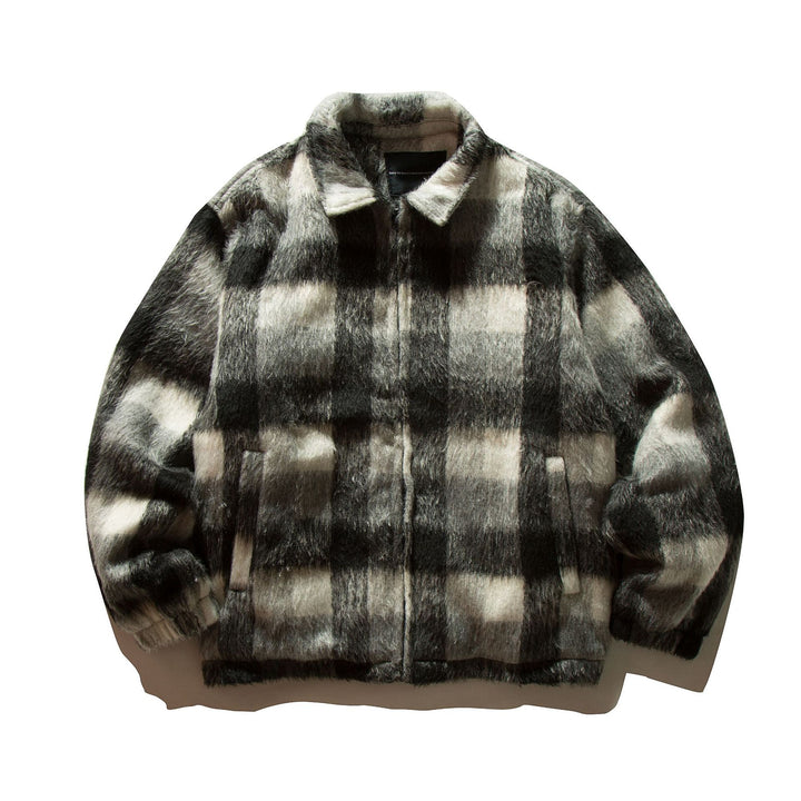 Unisex Kurz geschnittene karierte Fellimitat-Blousonjacke mit Stehkragen und verdecktem Reißverschluss Echoarchiv