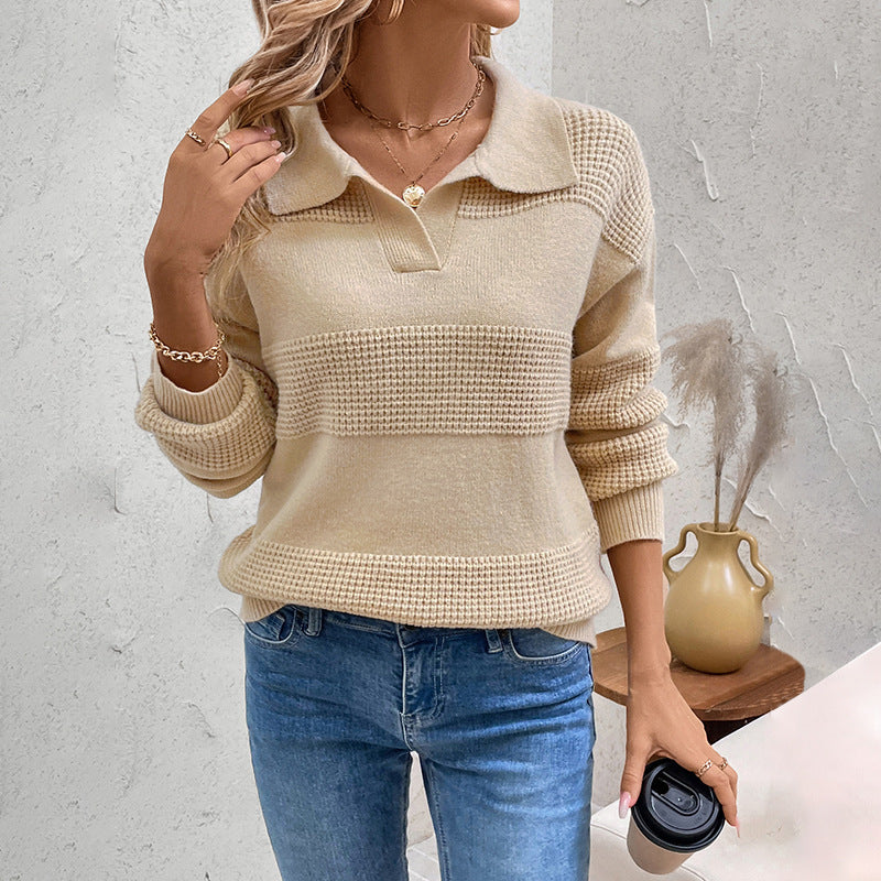 Damen Strickpullover mit Polokragen, Strukturstreifen und legerer Passform – Mavelle
