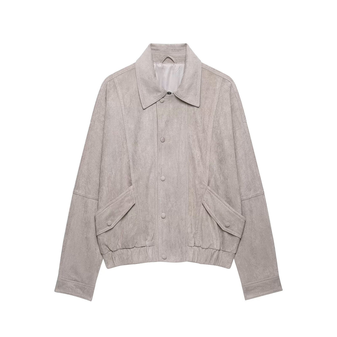 Damen Oversized Veloursleder‑Optik Bomberjacke mit Pattentaschen und elastischem Saum Echo Archiv
