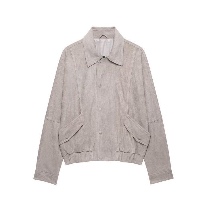 Damen Oversized Veloursleder‑Optik Bomberjacke mit Pattentaschen und elastischem Saum Echo Archiv