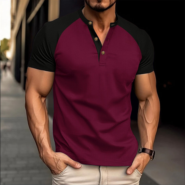 Herren Kurzarm Poloshirt mit modischer Knopfleiste und kontrastierenden Ärmeln Echoarchiv
