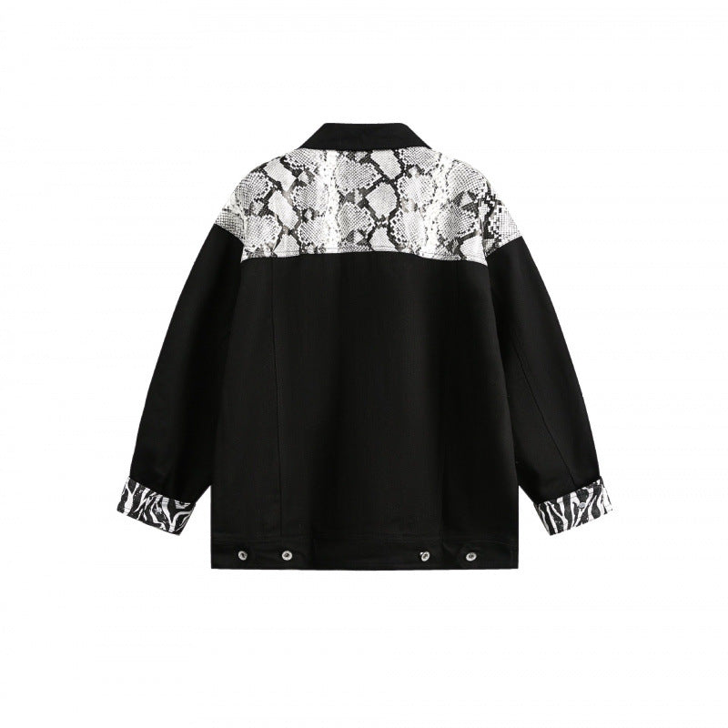 Damen Oversize-Jeansjacke im Patchwork-Tierprint mit Reverskragen und Pattentaschen Echo Archiv
