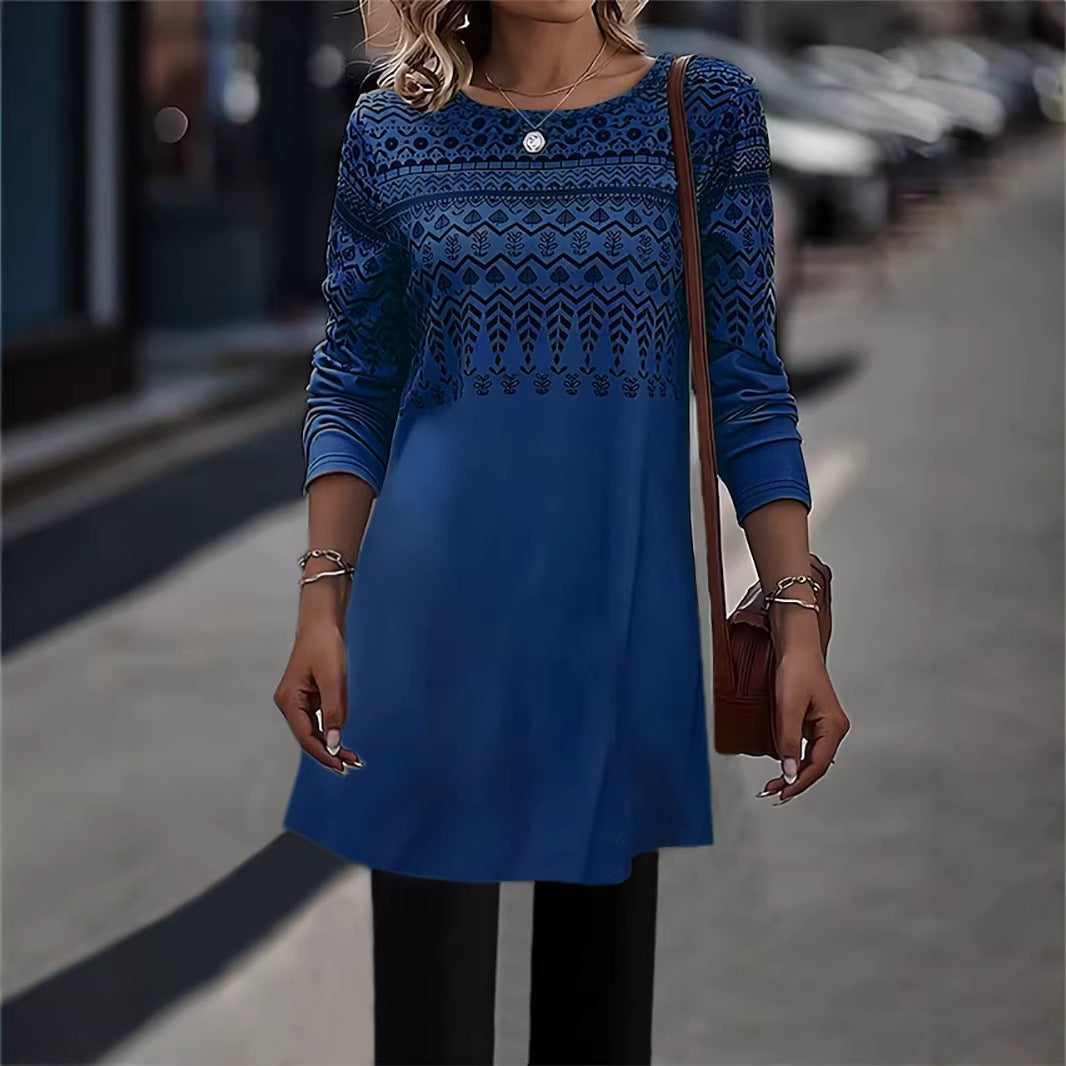 Frauen Longline Tunika Kleid mit Ethno Druck und Rundhalsausschnitt Echoarchiv