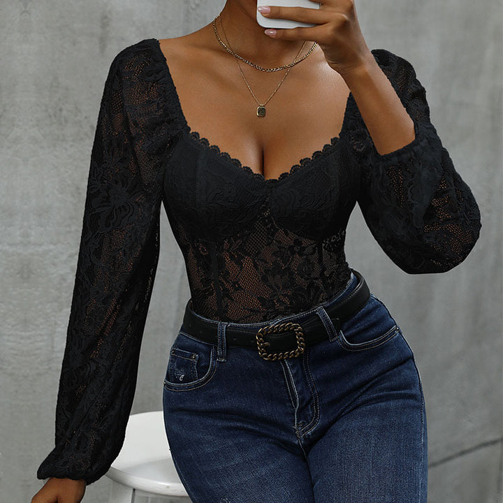 Damen Spitzen-Corsage mit Herzausschnitt, integrierten Cups und transparenten Puffärmeln Echoarchiv