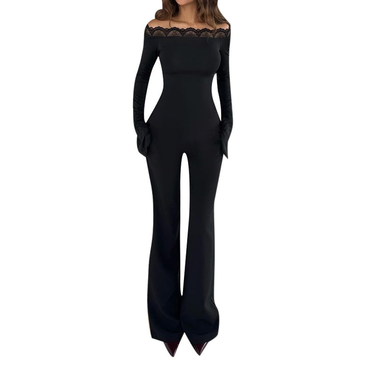 Damen eleganter Off-Shoulder Jumpsuit mit Spitzenakzenten und ausgestelltem Bein Echo Archiv