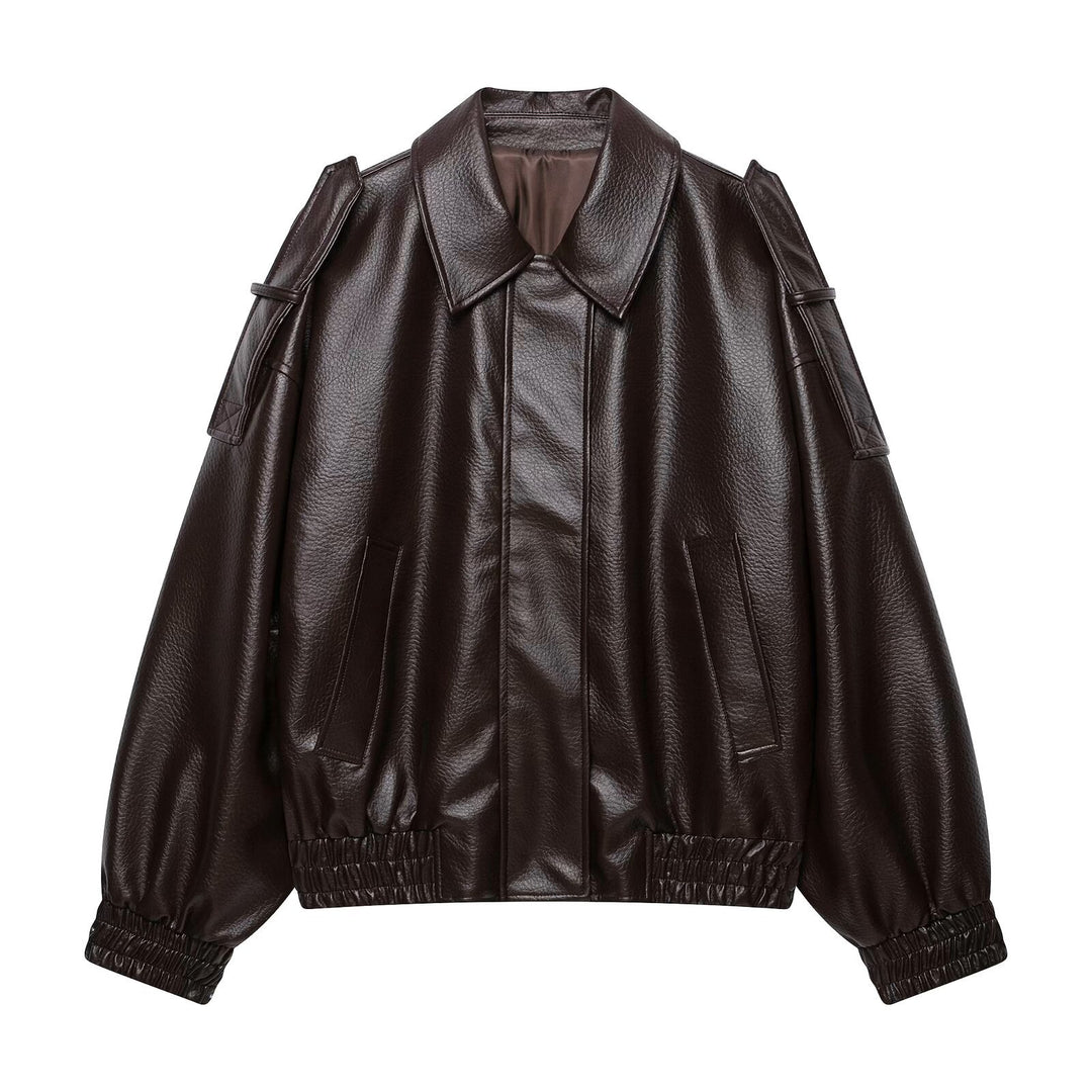Damen Oversized Kunstleder-Bomberjacke mit Epauletten, elastischem Saum und Eingrifftaschen Echo Archiv