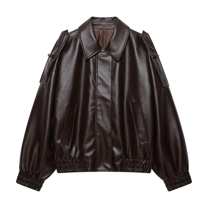 Damen Oversized Kunstleder-Bomberjacke mit Epauletten, elastischem Saum und Eingrifftaschen Echo Archiv