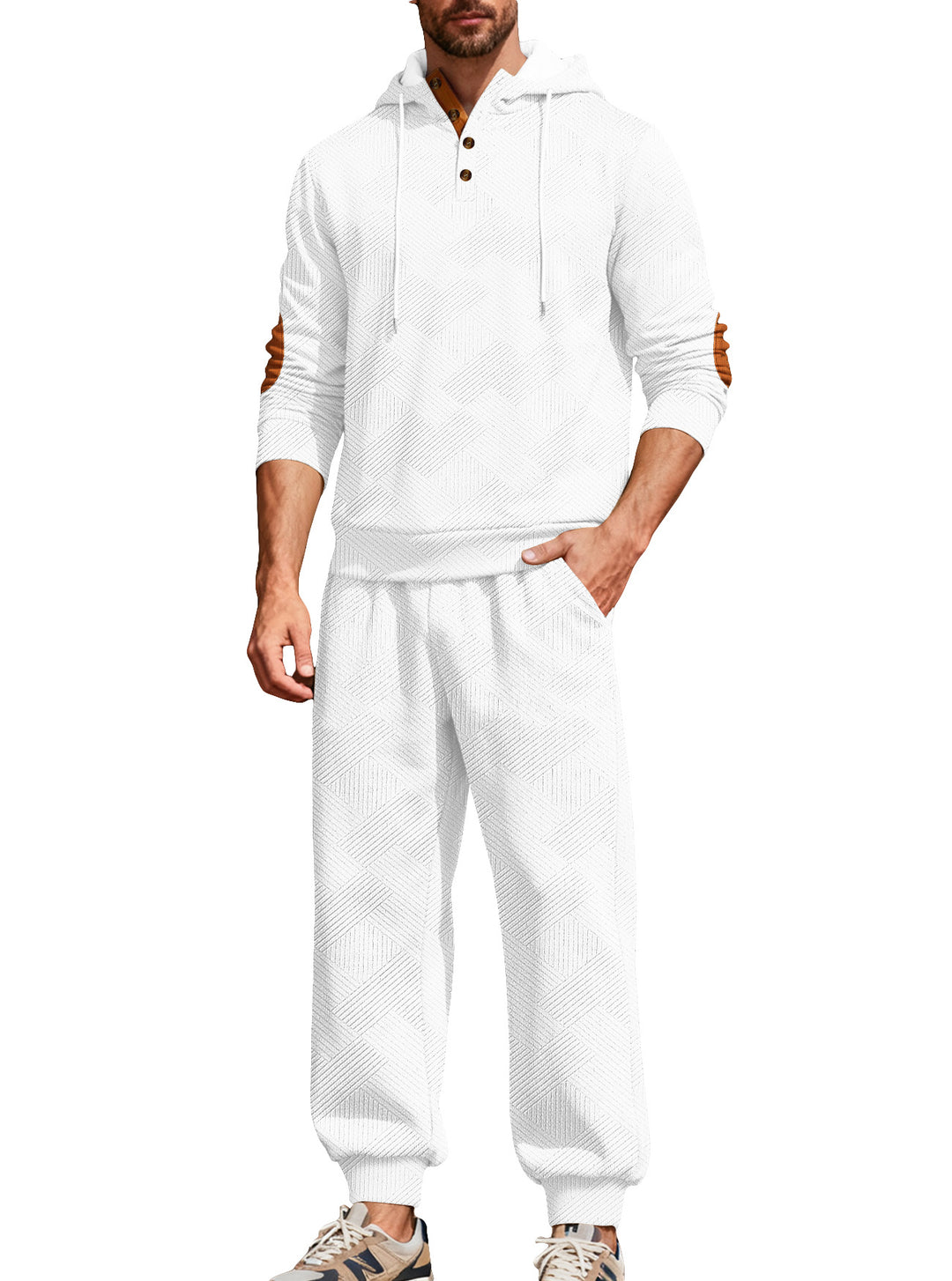 Herren nan strukturiertes Kapuzen-Joggingset mit Henley-Knopfleiste und Kontrast-Ellenbogenpatches Echo Archiv